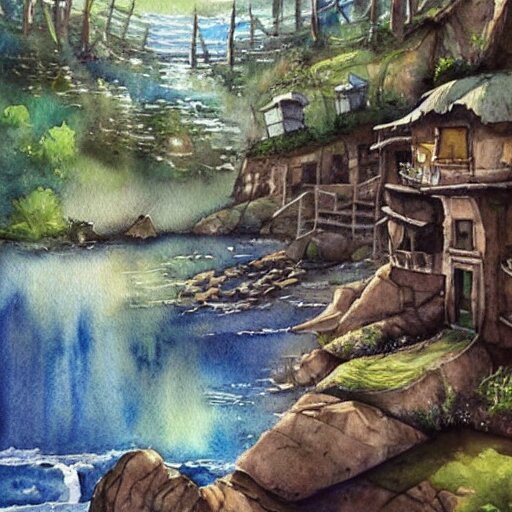 beautiful happy picturesque charming sci - fi organic homes in a beautiful natural scene. water, trees and rocks. beautiful light. soft colour scheme. beautiful artistic detailed watercolor by lurid. ( 2 0 2 2 ) 