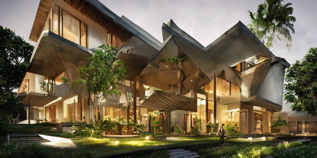 3d rendering  of beautiful nature meets architecture concept of a residential house. balinese architecture, volumetric lighting, luxury, high detail, 14mm, cinematic photography, cg architects,  high resolution