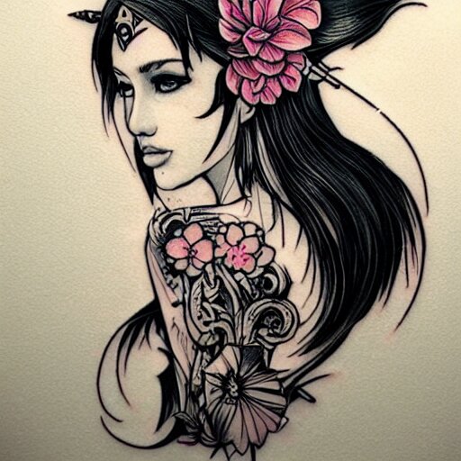 tattoo design, stencil, tattoo stencil, traditional, beautiful portrait of a warrior girl with a wolf headdress on surrounded by flowers, upper body, by artgerm, artgerm, artgerm, digital art, cat girl, anime eyes, anime, sexy-s 100