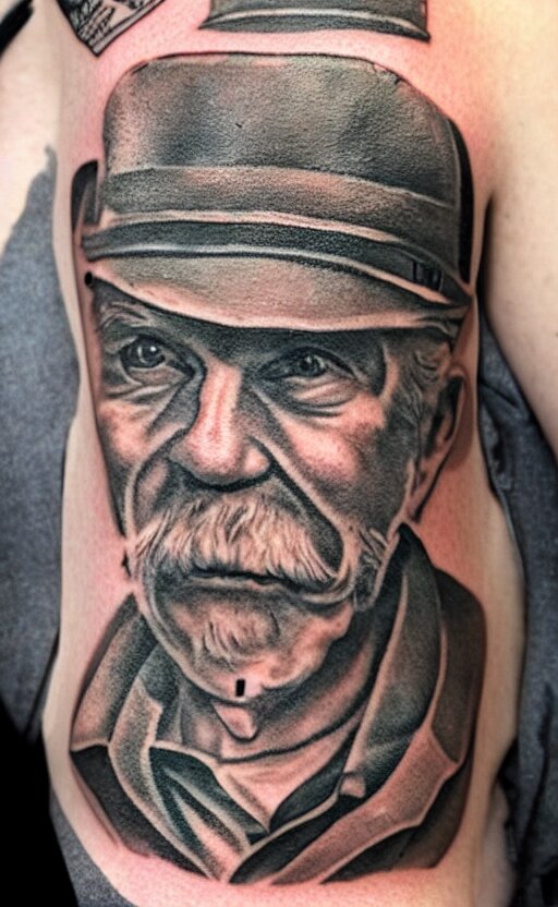 a tattoo of an old man wearing a hat on top of a tower, ultra detailed, tattoo, 8 k 