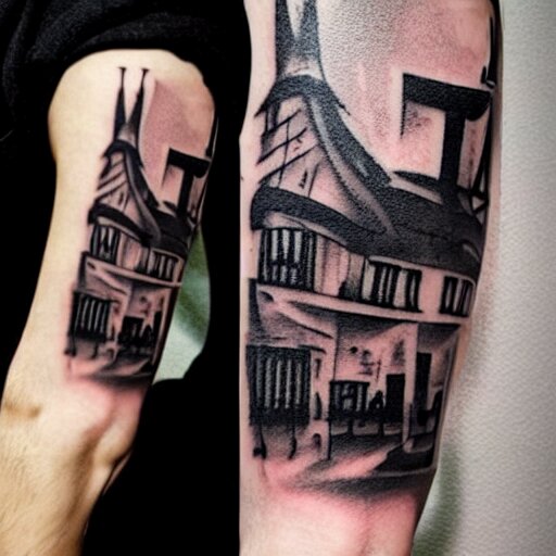 dark japanese urban architecture, tattoo, tattoo on upper arm