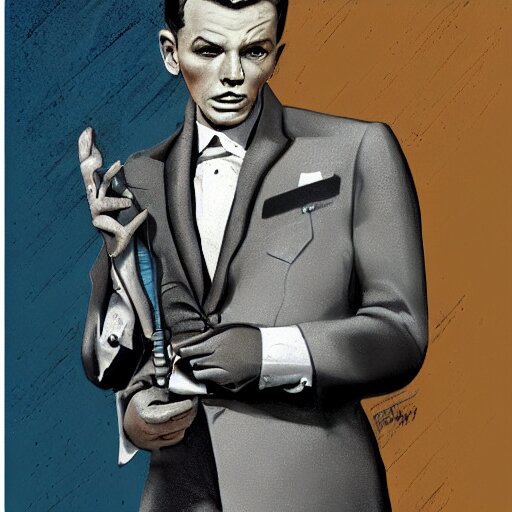 perfect composition, subdued color palette, award-winning concept art, detailed digital painting, airbrushed, low contrast: costume design for young Frank Sinatra as a poor dystopian dieselpunk 1950s bartender. Volumetric cinematic lighting, great attention to perfect anatomy, special attention to posing, great attention to realistic facial expression, faithful cinematic color scheme, perfectly coherent. In the style of: Greg Rutkowski, Syd Mead, Norman Rockwell, Edward Hopper, James Gilleard, Ilya Kuyshinov, WLOP, and Stanley Artgerm.