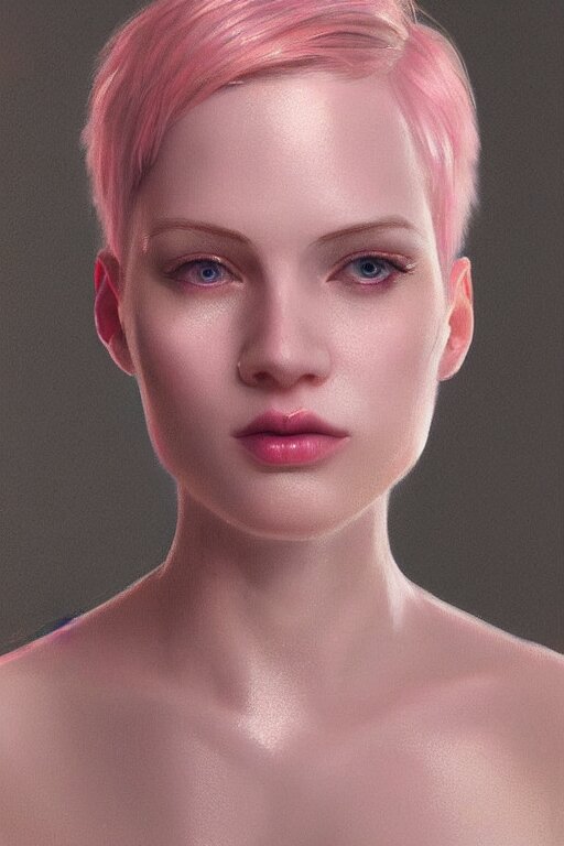 Portrait of a beautiful pale skin Nordic female with short pink hair, elegant, photorealistic, highly detailed, artstation, smooth, sharp focus, gold ornaments, neon lighting, sci-fi, art by Klimt.