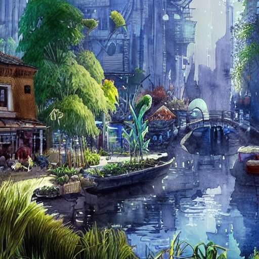 Beautiful happy picturesque charming sci-fi town in harmony with nature. Beautiful light. Water and plants. Nice colour scheme, soft warm colour. Beautiful detailed artistic watercolor by Vincent. (2022)