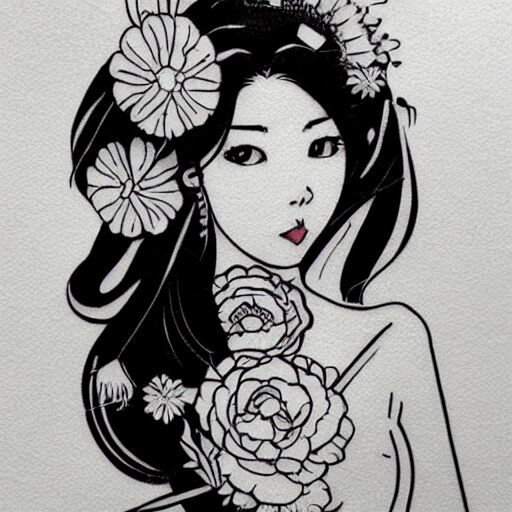 tattoo design, stencil, stencil on paper, tattoo stencil, traditional, beautiful portrait of a traditional Japanese girl with flowers in her hair, upper body, by artgerm, artgerm, artgerm, digital art, cat girl, anime eyes, anime, sexy, super model-s 100