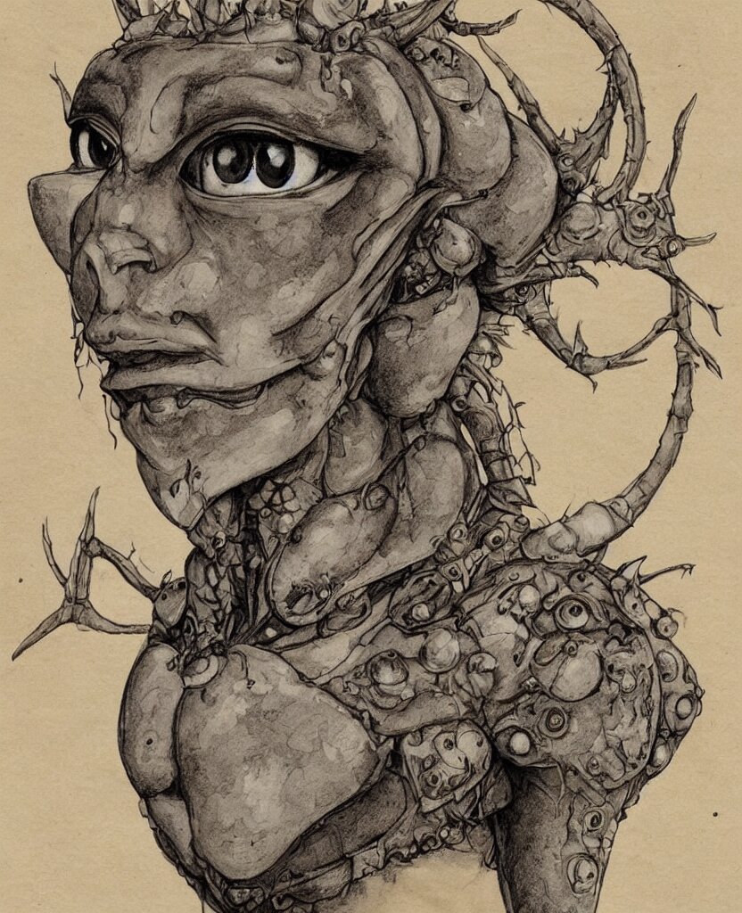 fantasy, symmetrical beautiful human face, front view, female humanoid creature, plant armour, wide intricate horned insect head piece covering forehead, button nose, full lips, muscular, large cute anime eyes, stylised, torso and head, bust, diagram, greys anatomy book, on old distressed parchment paper, watercolour, by brian froud and boichi 