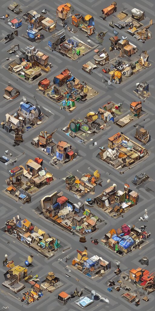 junkyard slum houses and shops. pixel art asset sheet. isometric perspective. concept art. science fiction. 