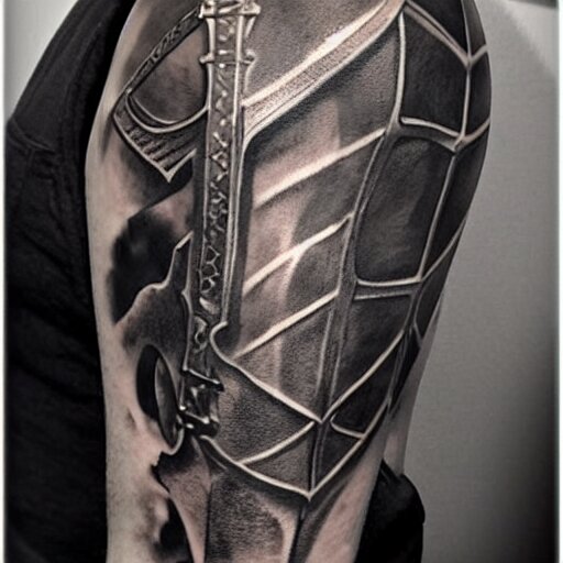 A knight in armor, tattoo, tattoo art, Black and grey tattoo style