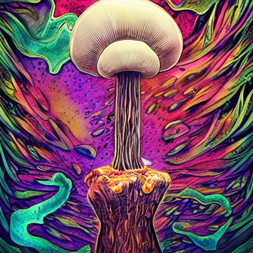 trippy angry mushroom eat a meat, acrilic paint, digital, artstation, detailed intricate ink illustration, heavenly atmosphere, digital art, overdetailed art, concept art, complementing colors, trending on artstation, cgstudio, the most beautiful image ever created, dramatic, subtle, details, award winning artwork, beautiful scenery 