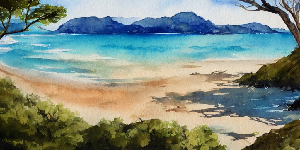 golden bay new zealand, abel tasman, colorful watercolor painting, trending on artstation