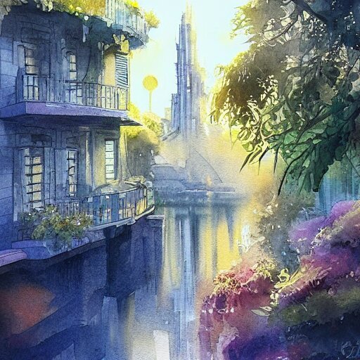 Beautiful happy picturesque charming sci-fi town in harmony with nature. Beautiful light. Water and plants. Nice colour scheme, soft warm colour. Beautiful detailed artistic watercolor by Vincent. (2022)