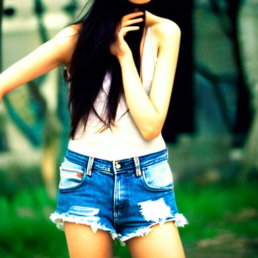 she, amazing, snapshot of, face, eyes, hair, neck of beautiful, fashionable, elegant, conservative, young, uzbek, fashion model and student, slender, tank top, denim shorts. image quite stunningly complex. nikon fm 2 film blow - up 