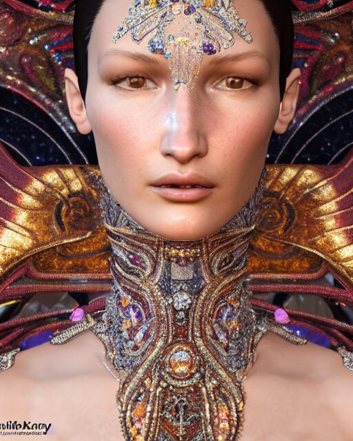 a highly detailed metahuman 8 k close up render of bella hadid in gustav klimt style in diamonds crystals swarovski and jewelry on artstation made in unreal engine 4 