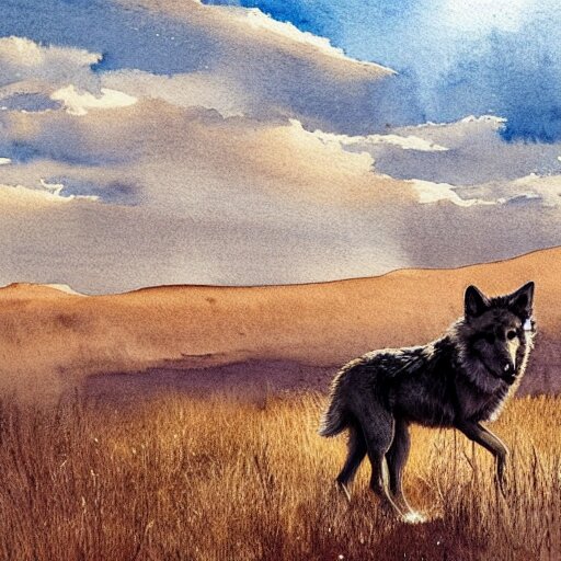 wide portrait of a wolf in a beautiful natural scene. heath, sand dune, dry grass and trees. beautiful light, dramatic clouds. soft colour scheme. beautiful artistic detailed watercolor illustration by lurid ( 2 0 2 2 ). 