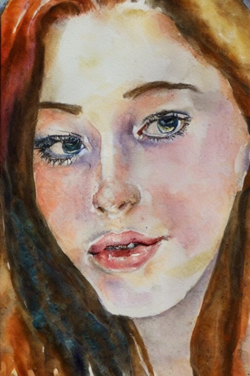 portrait of a young beautiful auburn woman, closing her eyes, smiling, aquarelle, realistic painting, freckles, 1 / 4 headshot 