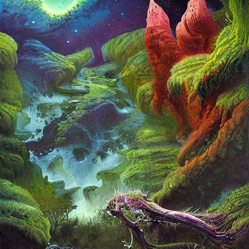 digital painting of a lush wet natural scene on an alien planet by gerald brom. digital render. detailed. beautiful landscape. colourful weird vegetation. 