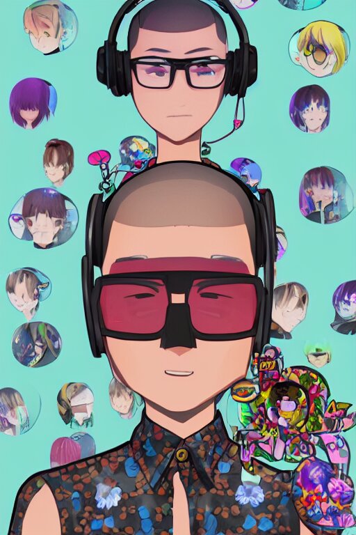 a vrchat avatar man with a buzz cut, a floral print collated shirt, a beaded bracelet, tortoise shell glasses with headphones, anime style, cel shaded, kawaii, cute 