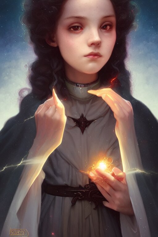 a cute wizard girl conjuring a lightening ball, character art portrait, anime key visual, official media, illustrated by tom bagshaw, wlop, william bouguereau, extremely detailed, 8 k, trending on artstation, cinematic lighting, beautiful 