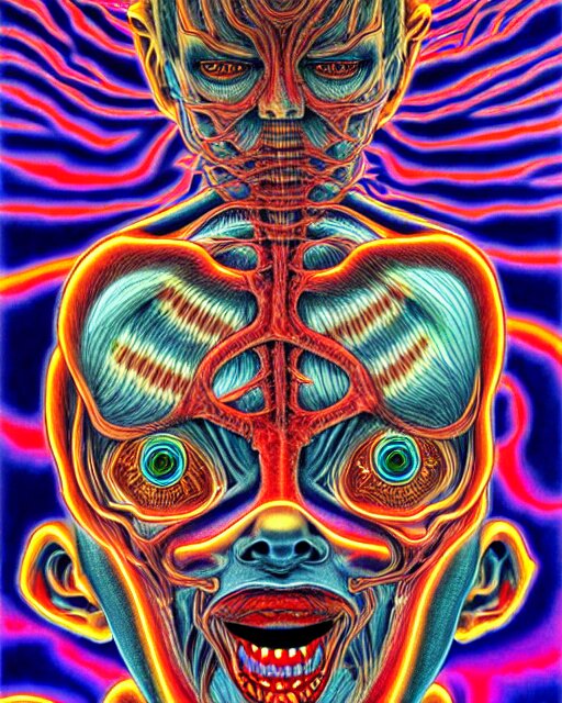 human body breaking away, conjuring psychedelic illustration, part by shintaro kago, part by alex gray, ultra realistic, highly detailed, 8 k, symmetry, fractals, grotesque, vibrant, 