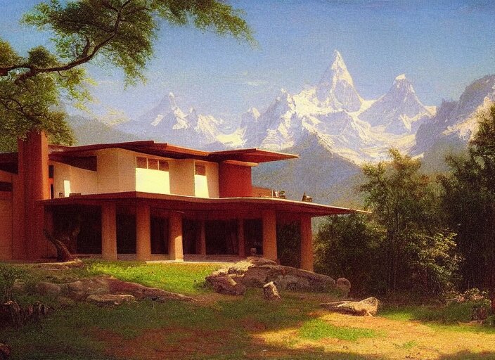 painting of a frank lloyd wright house in front of beautiful mountains by albert bierstadt 