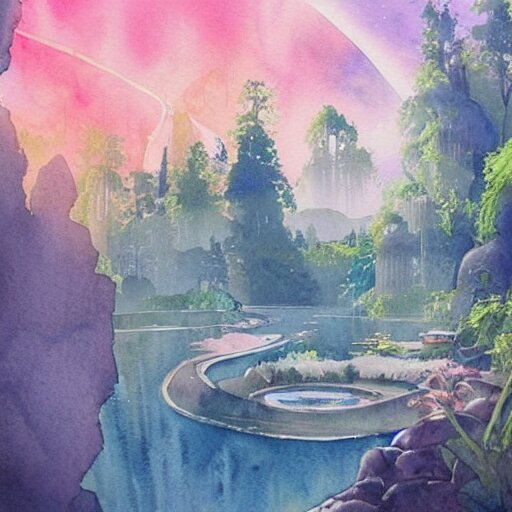 Beautiful happy picturesque charming sci-fi town in harmony with nature. Beautiful light. Water and plants. Nice colour scheme, soft warm colour. Beautiful detailed watercolor by Lurid. (2022)