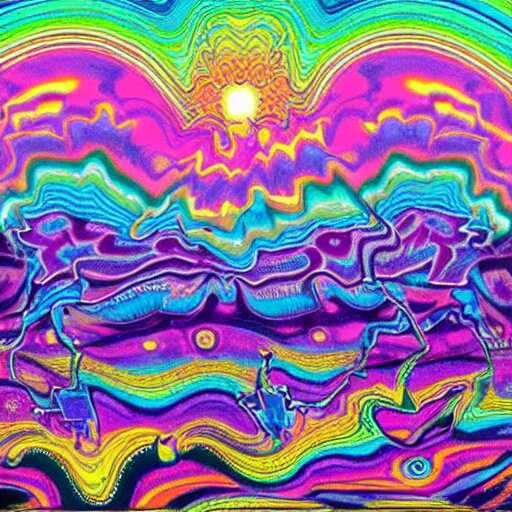 crazy psychedelic landscape full of ghosts, utopia 