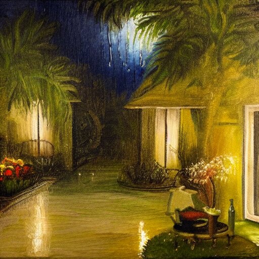 a painting of rain in a garden at night 