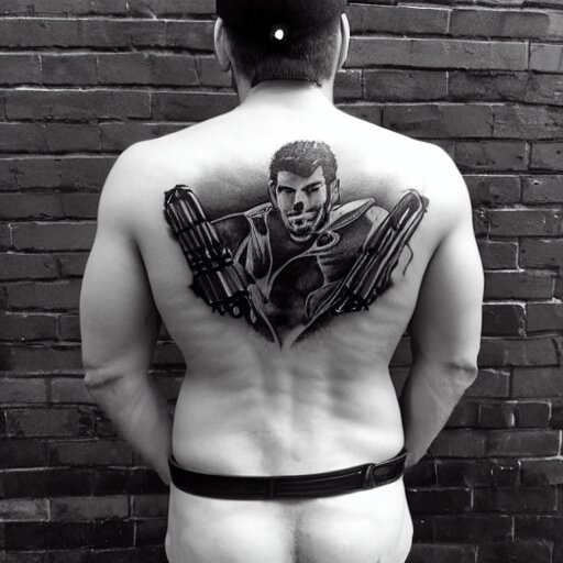 a picture of my new back tattoo of chris redfield by tom of finland 