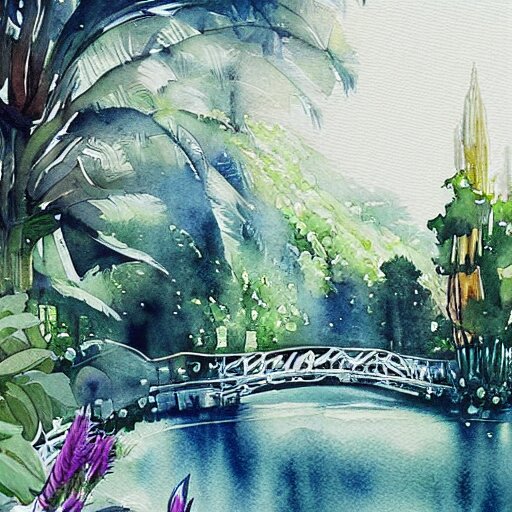 Beautiful happy picturesque charming sci-fi town in harmony with nature. Beautiful light. Water and plants. Nice colour scheme, soft warm colour. Beautiful detailed artistic watercolor by Olivia. (2022)