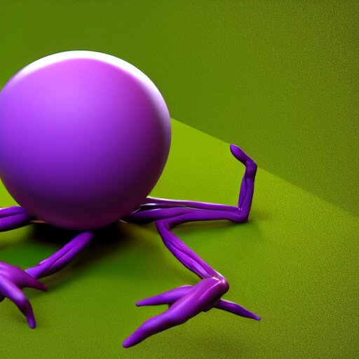 photo of a clay model of character with large spherical purple head and tiny eyes with comically tiny body and spindly limbs leans close to the camera, fish eye lens, 4 k, hyper realistic, hyper detailed face, octane render 