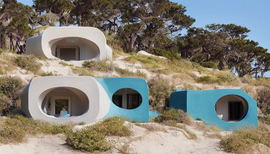 An architectural rending of an eco-community of contemporary 3D printed sea ranch style cabins with rounded corners and angles, beveled edges, made of cement and concrete, organic architecture, on the California coastline with side walks, parks and public space , Designed by Gucci and Wes Anderson, golden hour