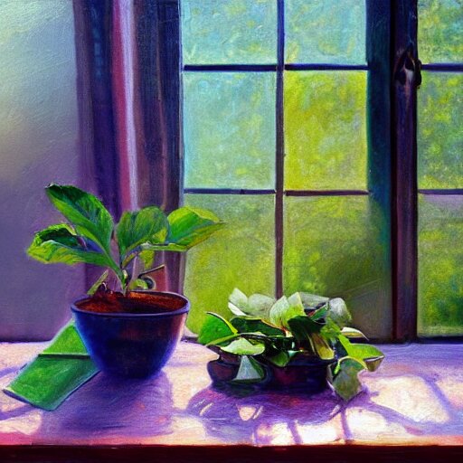 dittany in a pot, on wooden table in the ray of sunshine in greenhouse, oil painting, sharp focus, high detailed, calm, warm lighting, sparkles, digital art, concept art, by Rutkowsky,