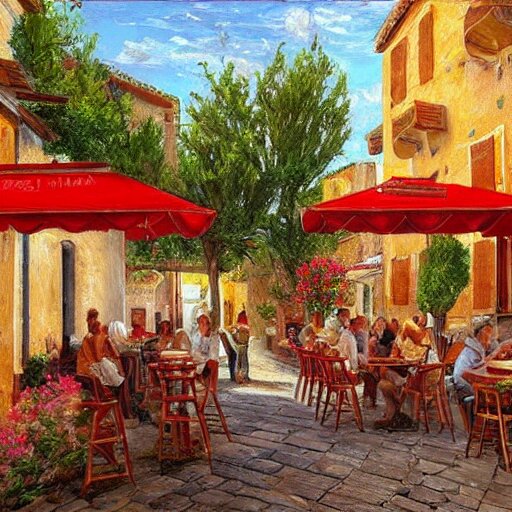 a traditional pizzeria in the street of a small village on the riviera. a terrace in the shade of a hundred - year - old olive tree, a friendly atmosphere around pizzas and rose wine. dolce vita. unreal engine rendering, hyper realist, ultra detailed, oil painting, warm colors, happy, impressionism, da vinci, 4 k, 