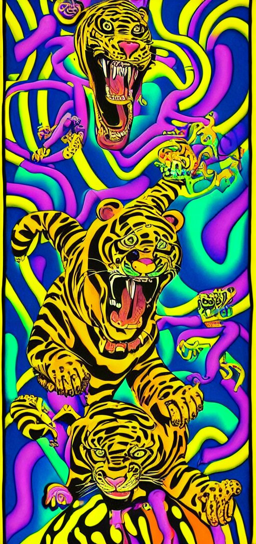 tony the tiger dissolving into neon cereal pieces, cubensis, aztec, basil wolverton, r crumb, hr giger, mc escher, dali, muted but vibrant colors, rainbow tubing 