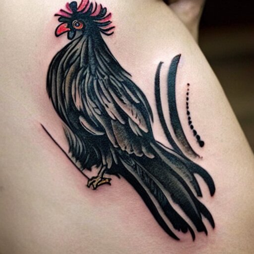 A small tattoo of a black rooster. The black chicken is holding smoking a large cannabis blunt in its mouth