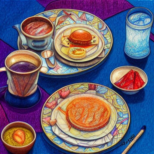  Colored pencil art on paper, Five star morning breakfast, highly detailed, artstation, MasterPiece, Award-Winning, Caran d'Ache Luminance