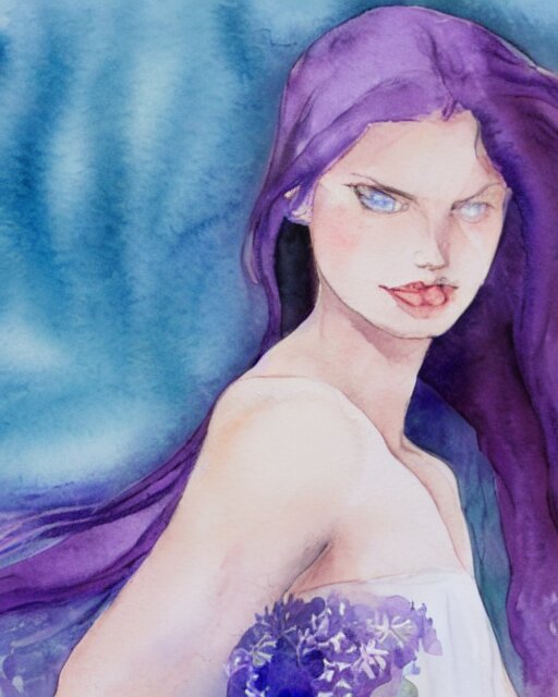 watercolor picture of a beautiful young woman in white dress, looking back at the camera, blue eyes, purple hair, high key, watercolor