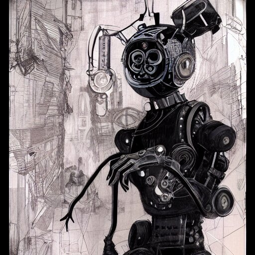 ccyborg man, thin, short hair, small scar on the chin, a robotic arm and big shoes, sophisticated clothing with some steampunk elements, gesture dynamic, organic, appealing, book cover, deep shadows, by Dave McKean sketch lineart for character design