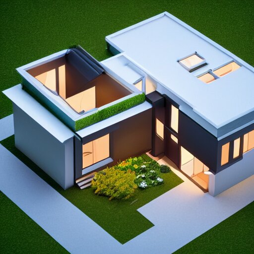 isometric render of a beautiful modern home designed for aesthetics, energy efficiency and foliage, cg render, high resolution, professional 