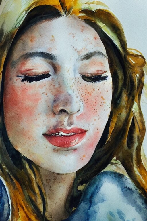 portrait of a young beautiful auburn woman, closing her eyes, smiling, aquarelle, realistic painting, freckles, 1 / 4 headshot 