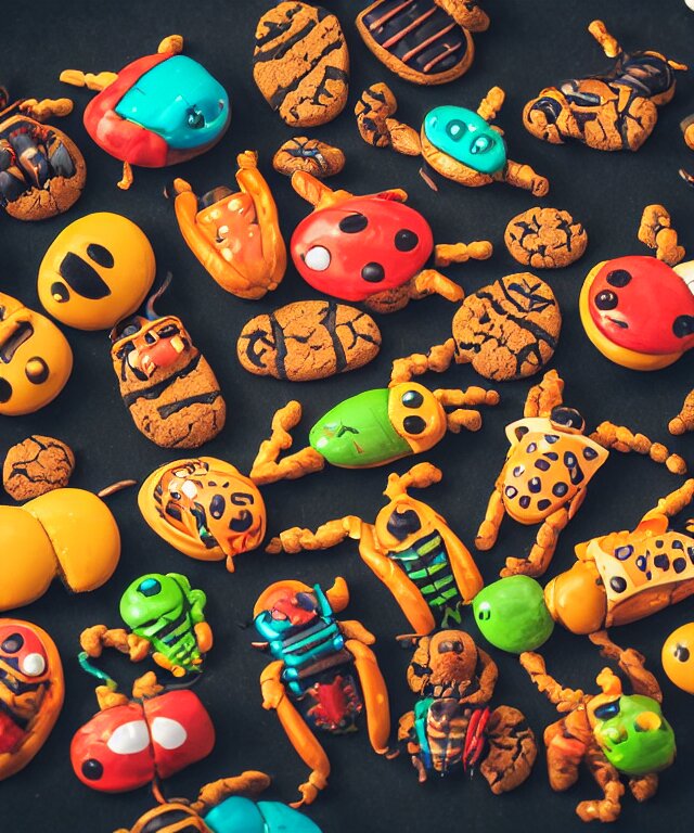 high quality presentation photo of colorful anthropomorphic horror alien monster insects eating cookies, photography 4k f1.8 anamorphic bokeh 4k Canon Nikon