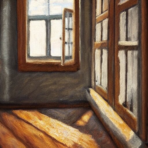 oil painting of mostly empty cottage interior, one small window with sunlight shining onto the floor. artistic. cozy. wooden floor. rustic. 