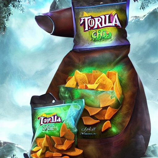 fantasy shiny bag of tortila chips, high detail, fantasy art, concept art, 4 k, ultra detail, computer art 