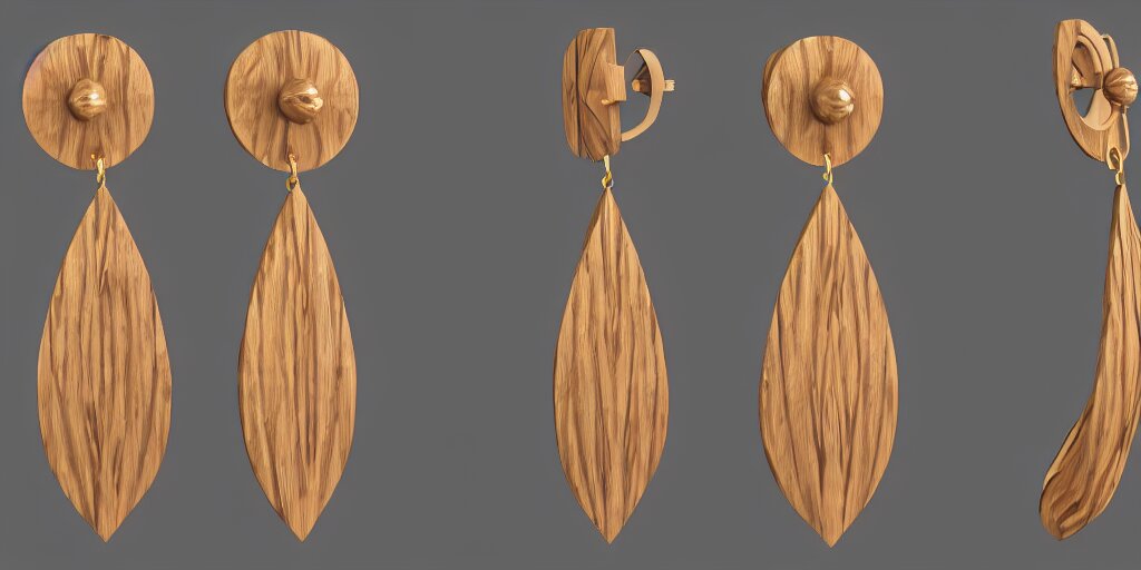 earring design, jewelry design, wood, nordic, art deco, intricate, elegant, material, product design, trending on artstation, cgsociety, photo realistic, design by ziva cph and isabel lennse and kalevala, 8 k, unreal engine, c 4 d 