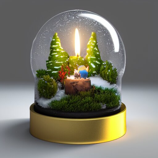 Snow globe, candles, Gustav Klutsis, octane render, Fallout, Pietro Fragiacomo, Legend of Zelda, mist, snow, pine tree, Aloe vera, swamp, dollar bill, shed