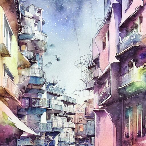 Beautiful picturesque charming futuristic city in harmony with nature. Nice colour scheme, soft warm colour. Beautiful detailed watercolor by Lurid. (2022)