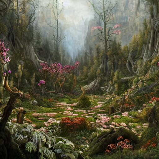 a beautiful and highly detailed matte painting of a dead fantasy floral garden in a empty forest in the dry valley high in the most epic mountains ever, intricate details, epic scale, insanely complex, 8 k, sharp focus, hyperrealism, very realistic, by caspar friedrich, greg rutowski, james gurney 