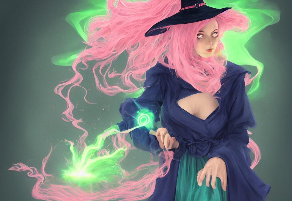 beautuful witch with light pink hair, a dark blue hat and dark blue robes brewing a bright green potion, digital art, trending on artstation, award-winning photograph