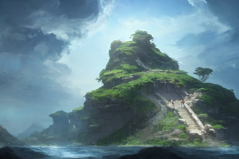 an island in the clouds, concept art, highly detailed, artstation, trending, widescreen resolution, feng zhu, shaddy safadi, noah bradley, tyler edlin, jordan grimmer, darek zabrocki, neil blevins, tuomas korpi 