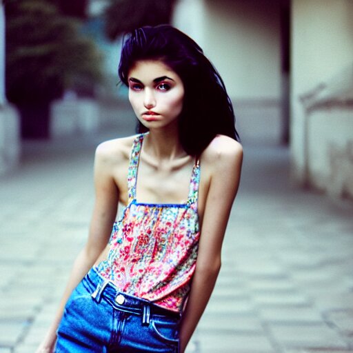 she, amazing, snapshot of, face, eyes, hair, neck of beautiful, fashionable, elegant, conservative, young, uzbek, fashion model and student, slender, tank top, denim shorts. image quite stunningly complex. nikon fm 2 film blow - up 